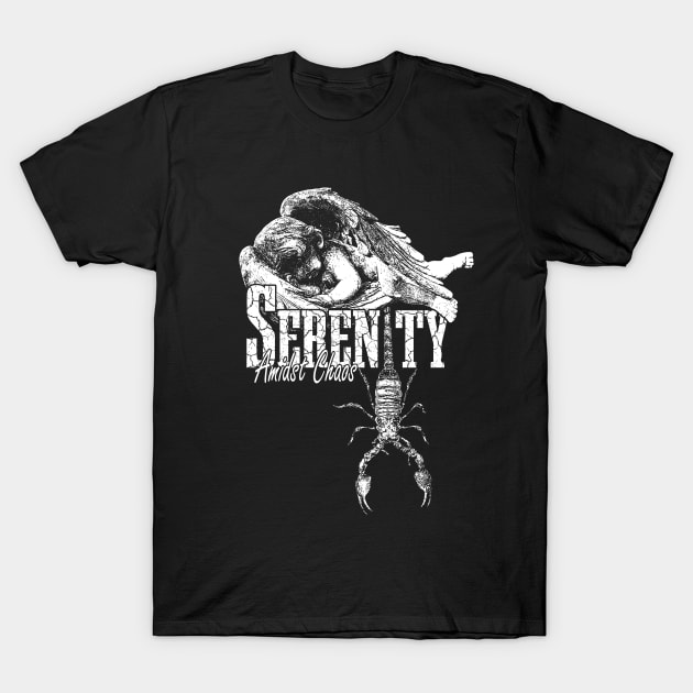 Serenity Amidst Chaos Angel Scorpion Streetwear Unique Graphic Design T-Shirt by PW Design & Creative